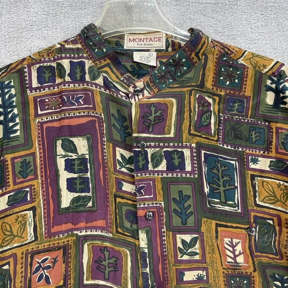 Montage Shirt Men's Large Multicolor Printed Silk Casual Long Sleeve Button Up - Picture 3 of 9